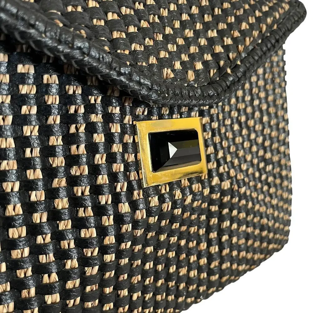 Kara Ross NY Woven Straw Black Leather Onyx Embellished Envelope Clutch Handbag